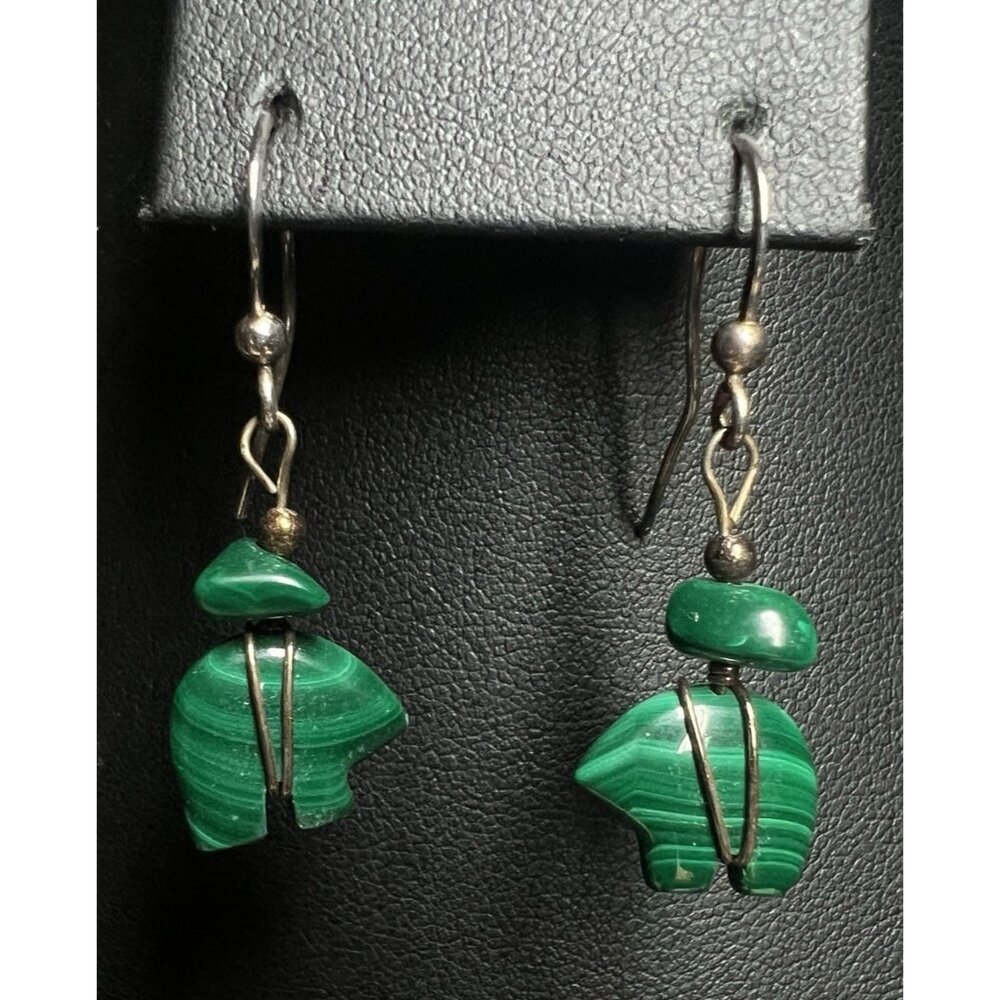 Vintage Artisan Fetish Bear Green Malachite Earrings 1.5" Made in Colorado USA